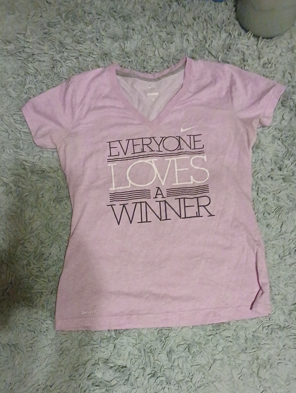 Nike Women's Light Pink V-Neck Tee with Motivational Graphic